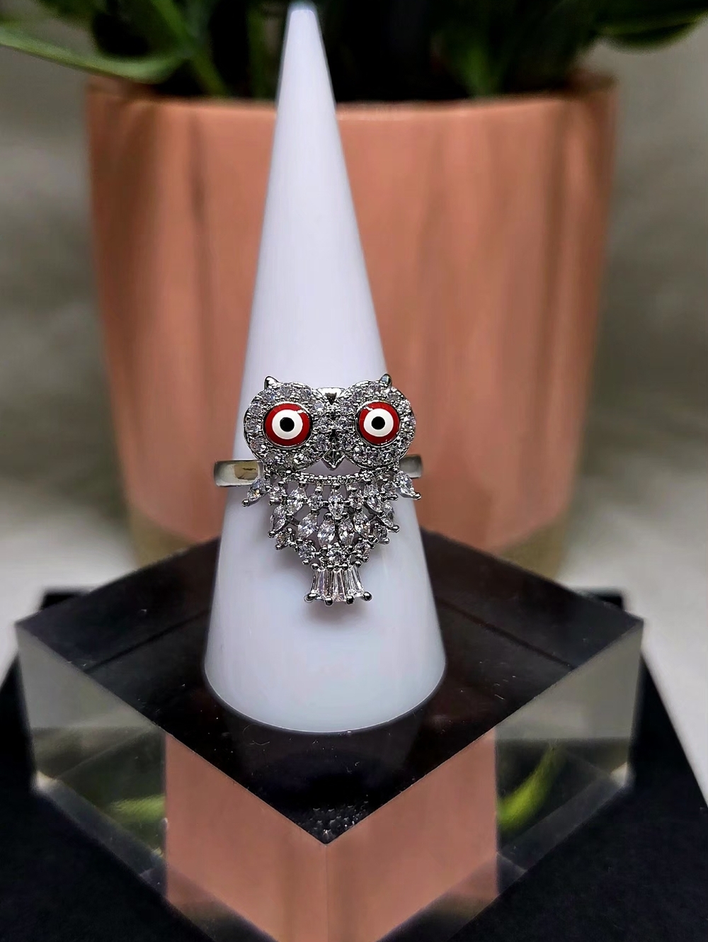 Silver Owl Cocktail Ring with Red Accent Eyes